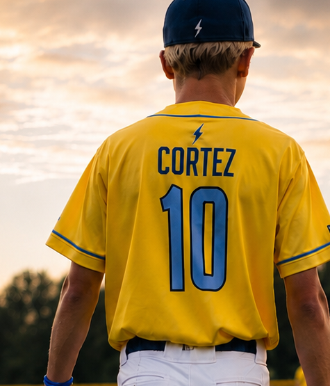 A baseball player viewed from behind on a field at sunset, wearing a bright yellow jersey with 'CORTEZ' and the number '10' in blue, white pants, a dark cap, and holding a glove and ball.