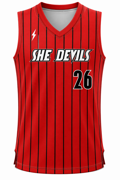 She Devils - Sleeveless Red with Black Pinstripe Game Jersey