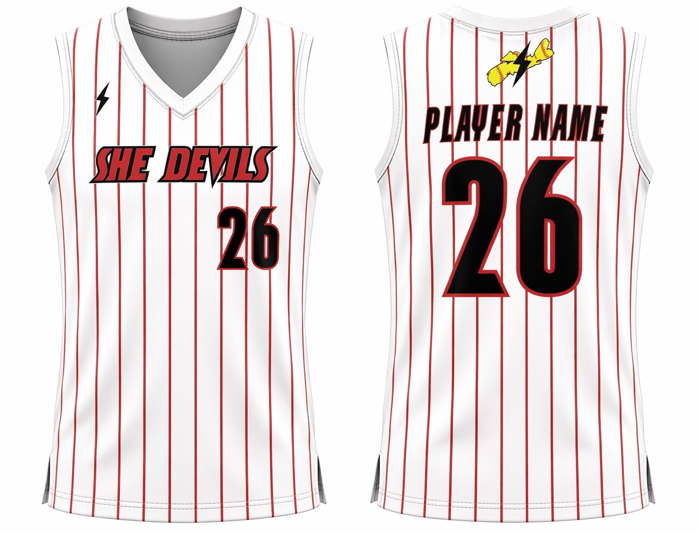 She Devils - Sleeveless White with Red Pinstripe Game Jersey