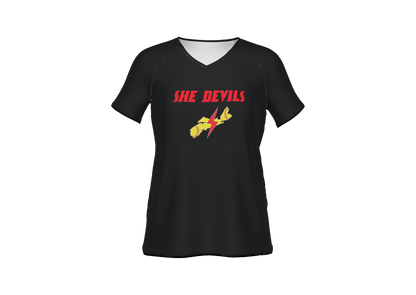 SHE DEVILS- Ladies V-neck Tee - Black Semi