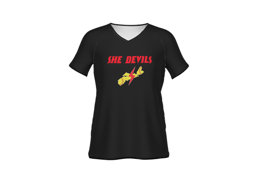 SHE DEVILS- Ladies V-neck Tee - Black Semi